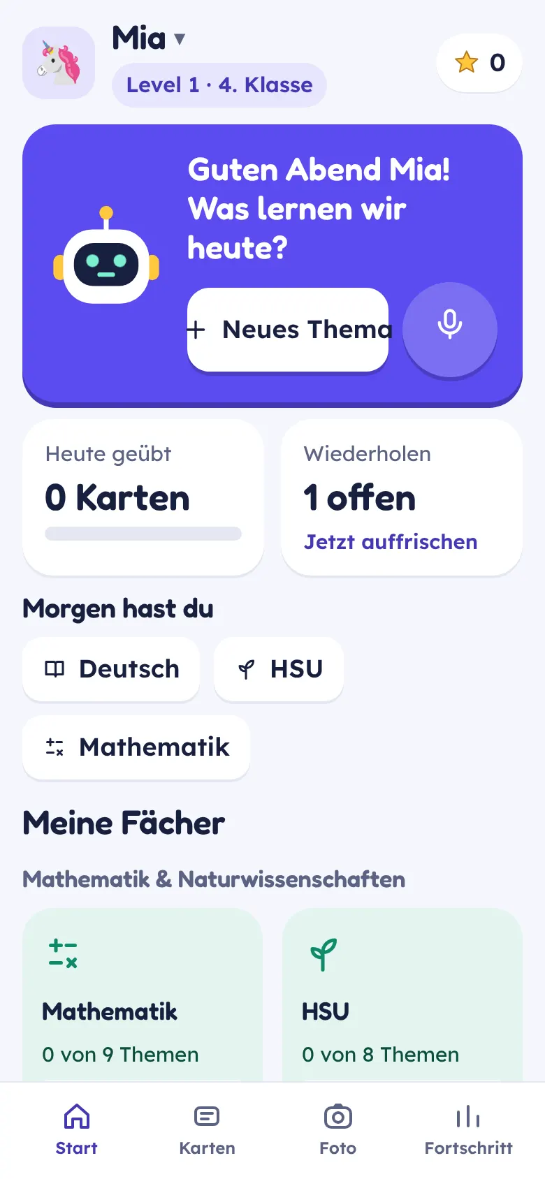 Startseite mit Fächern nach Bereichen