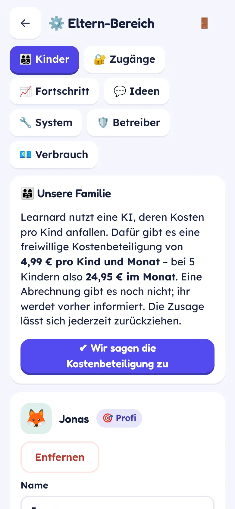 Eltern-Bereich mit Kinderprofilen und Kostenbeteiligung